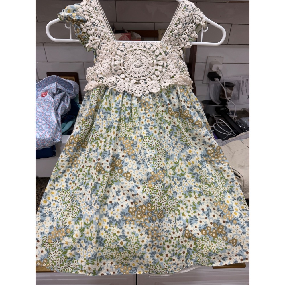 Bonnie‎ Jean Girls Floral Crochet Lace Dress Blue Yellow Size 7 R4-13466-DS